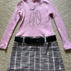Pink Long Sleeve Top with Plaid Skirt